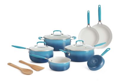 12-Pieces Porcelain Enamel Classic Ceramic Cookware Set, Ombre Teal