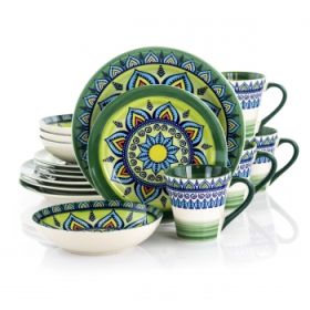 Elama Zen Green Mozaik 16 Piece Luxurious Stoneware Dinnerware with Complete Setting for 4, 16pc