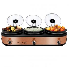 MegaChef Triple 2.5 Quart Slow Cooker and Buffet Server in Brushed Copper and Black Finish with 3 Ceramic Cooking Pots and Removable Lid Rests